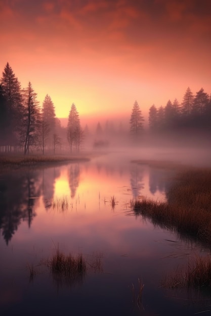Amanecer brumoso sobre un lago sereno con reflejos creados con ai generativo