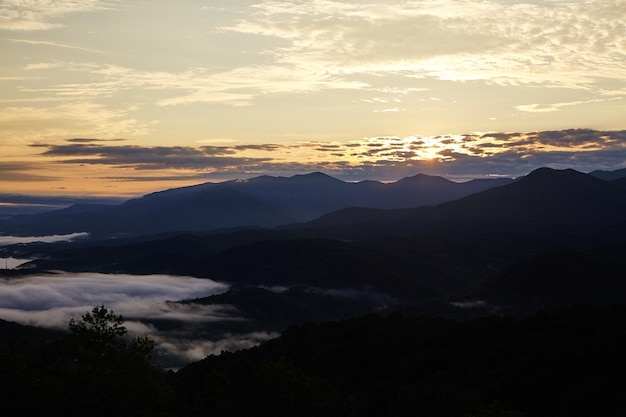 El amanecer brumoso sobre las montañas humeantes Vista del cielo dorado