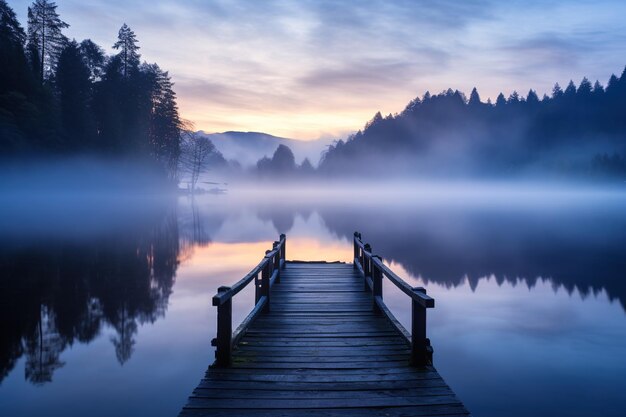 Amanecer brumoso sobre un plácido lago de montaña con la primera luz iluminando un muelle solitario