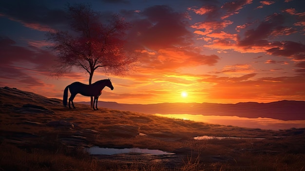 Foto amanecer con caballo en el paisaje.