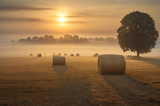 El amanecer en el campo con balas de heno y robles