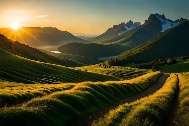 amanecer en un campo verde