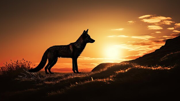 Amanecer en una colina con una silueta en forma de zorro