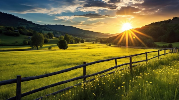 El amanecer contra el telón de fondo de un campo con hierba