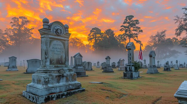 Amanecer del Día de la Conmemoración en el Cementerio Serene con bandera estadounidense