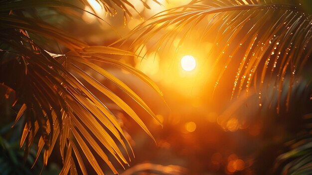 Foto el amanecer dorado mirando a través de las palmeras el domingo de ramos