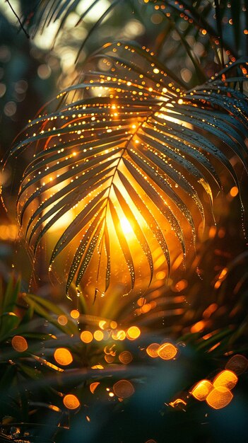 Foto el amanecer dorado mirando a través de las palmeras el domingo de ramos
