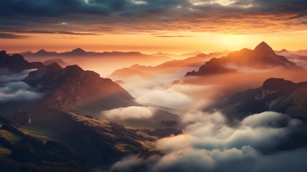 Foto el amanecer dorado en las montañas y los paisajes atmosféricos