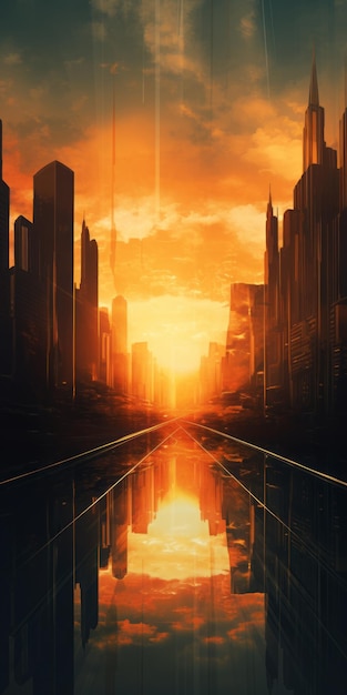 Foto el amanecer dorado un paisaje urbano dadaísta en estilo sci-fi