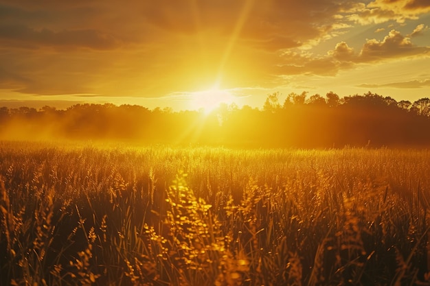 El amanecer dorado sobre el campo exuberante