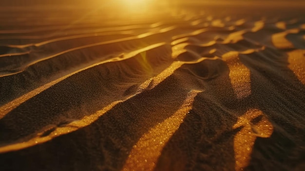 El amanecer dorado sobre las dunas del desierto El sol de la madrugada arroja un resplandor dorado sobre la ondulación de las dunas de arena del desierto creando un paisaje sereno y tranquilo