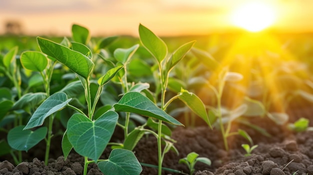 El amanecer dorado sobre el exuberante campo de soja en las tierras de cultivo rurales