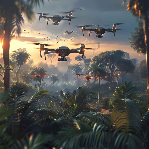 Foto el amanecer de la era de los drones una flota sobre un exuberante bosque tropical al amanecer