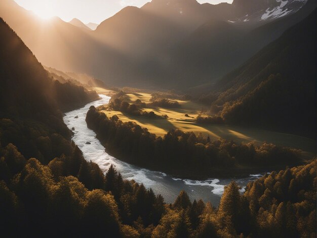 Un amanecer escénico en las altas montañas de los Alpes