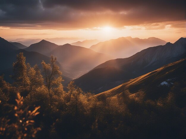 Un amanecer escénico en las altas montañas de los Alpes