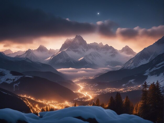 Un amanecer escénico en las altas montañas de los Alpes