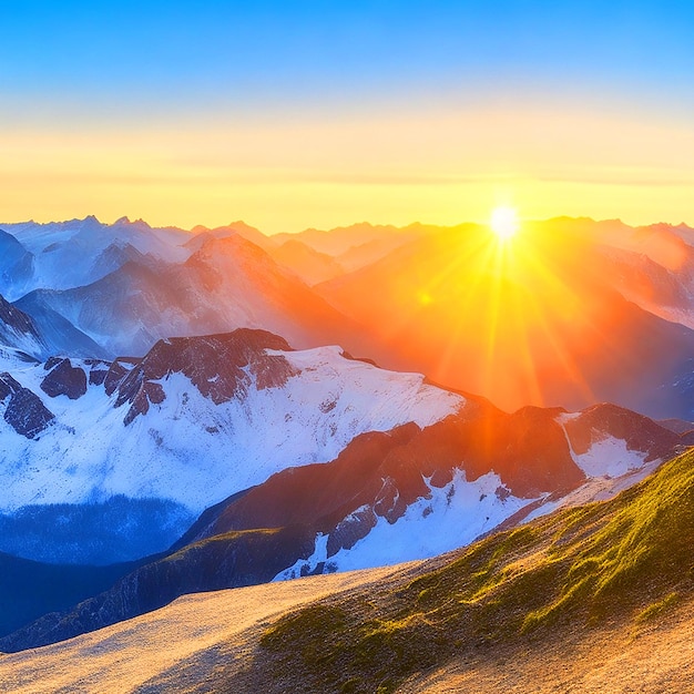 El amanecer escénico en las altas montañas de los Alpes