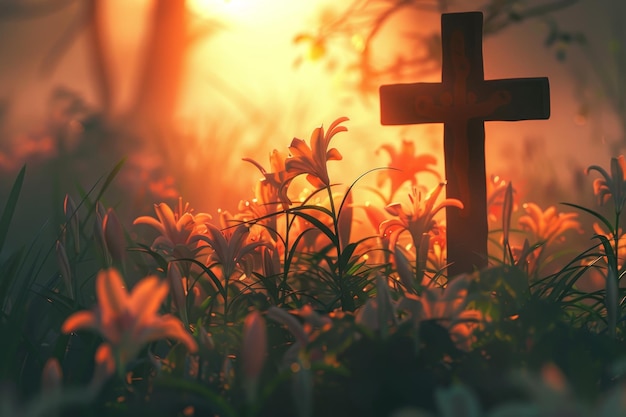 El amanecer de la esperanza Lirios de Pascua y la sombra de la cruz en la luz de la madrugada