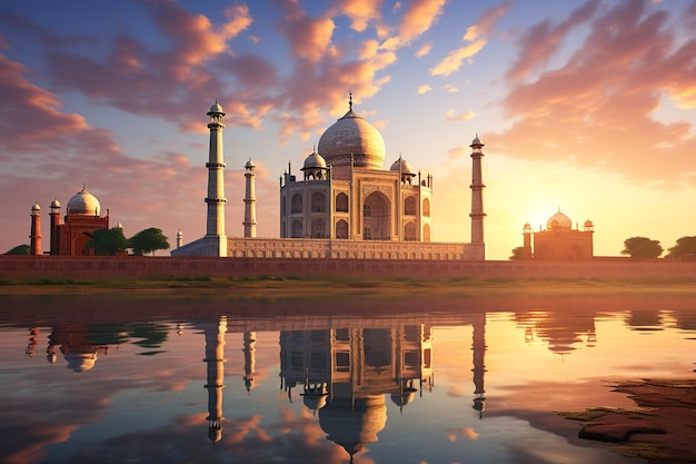 Amanecer etéreo en el pináculo de Taj Mahal Mughal Era