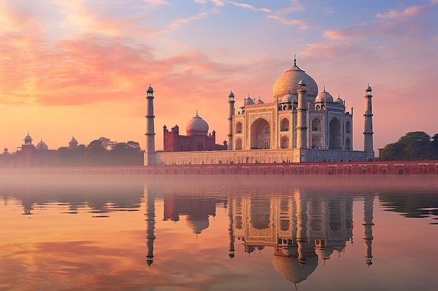 Amanecer etéreo en el pináculo de Taj Mahal Mughal Era