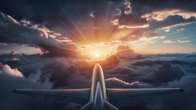 Foto el amanecer en el fondo del cielo nublado espectacular amanecer vista de avión por encima de las nubes generativo ai ilustración