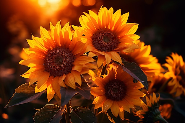 El amanecer en los girasoles dorados al amanecer