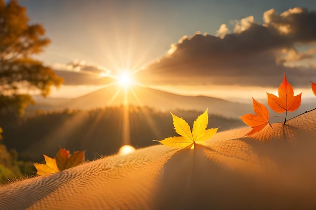 Un amanecer con una hoja en él