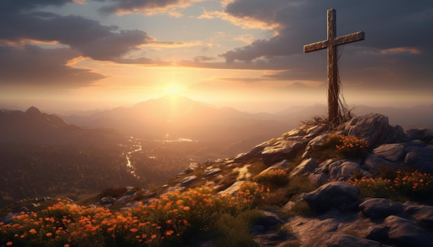 el amanecer ilumina una cruz en una colina de montaña generativa AI