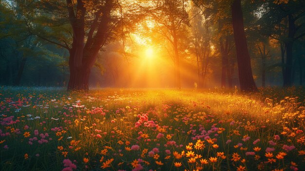 El amanecer ilumina un prado forestal cubierto de flores silvestres