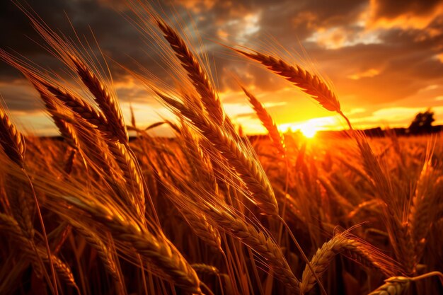 Un amanecer impresionante que arroja un magnífico resplandor dorado sobre un vasto y exuberante campo de trigo.