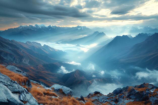 Un amanecer impresionante que ilumina las crestas montañosas en capas con nubes bajas generadas por la IA