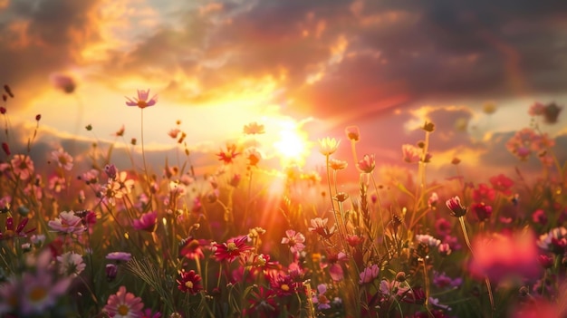 Foto un amanecer impresionante sobre un campo de flores silvestres que infunde al paisaje calor y luz