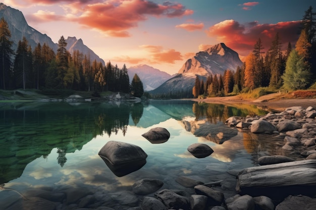 Un amanecer impresionante sobre el lago alpino en las Dolomitas Una belleza invisible