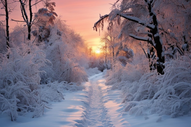 El amanecer de invierno asomando a través del bosque nevado hermosa imagen del amanecer