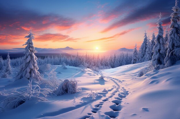 El amanecer de invierno en un paisaje nevado