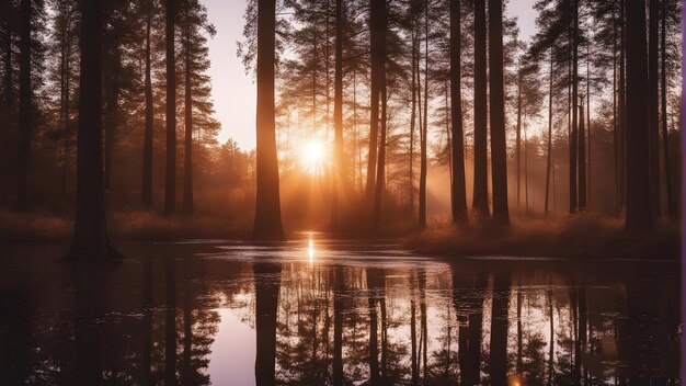 un amanecer con un lago en el fondo