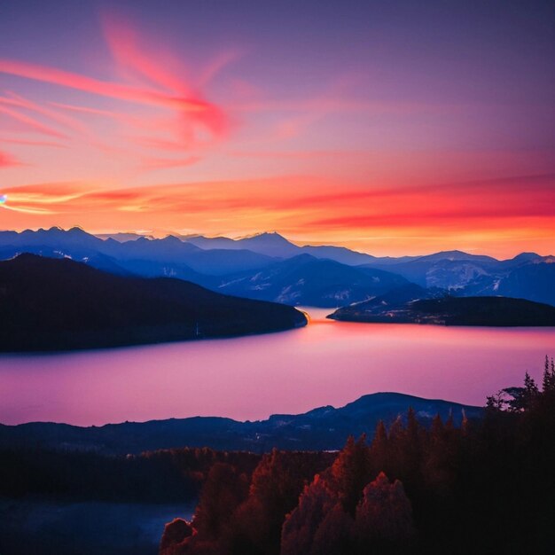 Foto amanecer y lago de montaña