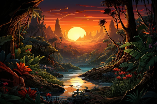 Amanecer luminoso en la jungla Una jungla radiante bañada por el sol y llena de vida