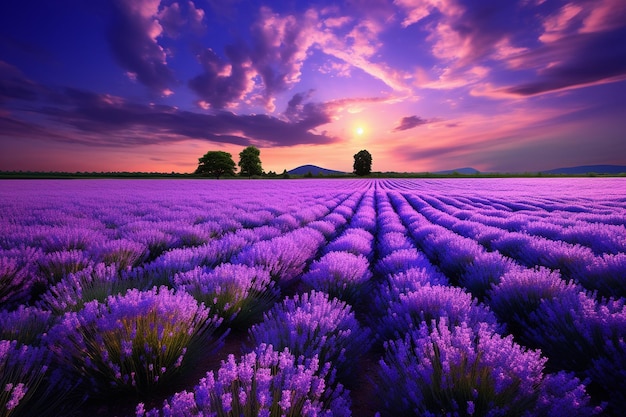 El amanecer de la luna llena sobre un campo de lavanda o brezo en flor