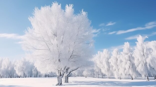 Amanecer mañana helada Paisaje invernal de árboles helados nieve blanca y cielo azul Tranqui Generative AI