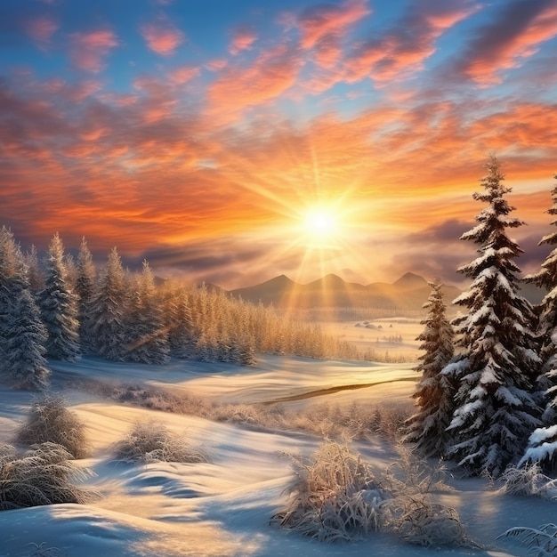 Amanecer de la mañana de Navidad sobre un paisaje cubierto de nieve