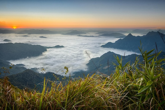 Amanecer por la mañana en Phu Chi Fa, provincia de Chiang Rai, Tailandia