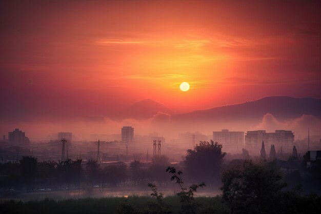 Amanecer matutino lleno de smog con tonos naranjas y rosas que reflejan la contaminación en el aire