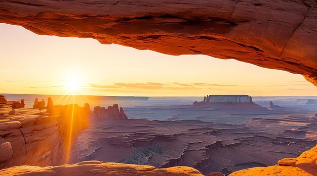 Amanecer en mesa arch en el parque nacional canyonlands cerca de Moab, Utah, EE.UU.