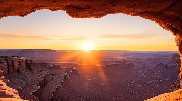 Amanecer en mesa arch en el parque nacional canyonlands cerca de Moab, Utah, EE.UU.