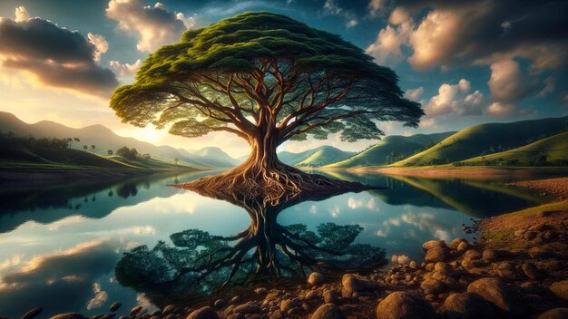 El amanecer místico sobre el lago espejo con el icónico árbol solitario