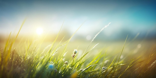 Amanecer en la montaña pradera borrosa con muchas flores en un día soleado en el primer plano del bosque con IA generativa espacial