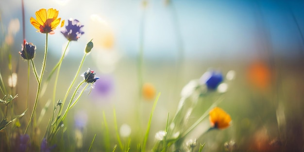 Amanecer en la montaña pradera borrosa con muchas flores en un día soleado en el primer plano del bosque con IA generativa espacial