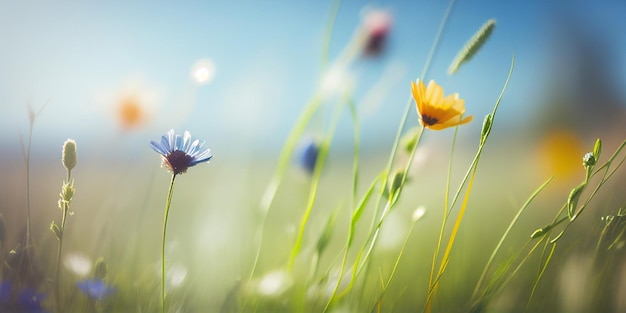 Amanecer en la montaña pradera borrosa con muchas flores en un día soleado en el primer plano del bosque con IA generativa espacial