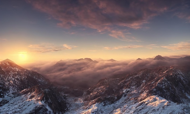 Amanecer en las montañas hermoso paisaje La niebla matutina fluye por las laderas de las montañas Panorama de picos y crestas de montañas Ilustración 3d